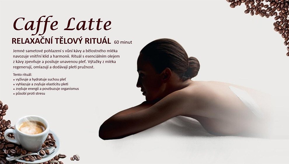 Caffe Latte RELAXAČNÍ TĚLOVÝ RITUÁL 60 minut
       Jemné sametové pohlazení s vůní kávy a bělosného mléka navozuje vnitřní klid a harmonii. Rituál s esenciálním olejem z kávy zpevňuje a posiluje unavenou pleť. Výtažky z mléka regenerují, omlazují a dodávají pleti pružnost.
       Tento rituál:
       • vyživuje a hydratuje suchou pleť
       • vyhlazuje a zvyšuje elasticitu pleti
       • zvyšuje energii a povzbuzuje organismus
       • působí proti stresu